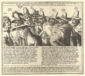 An engraving of eight of the thirteen conspirators, by Crispijn van de Passe.